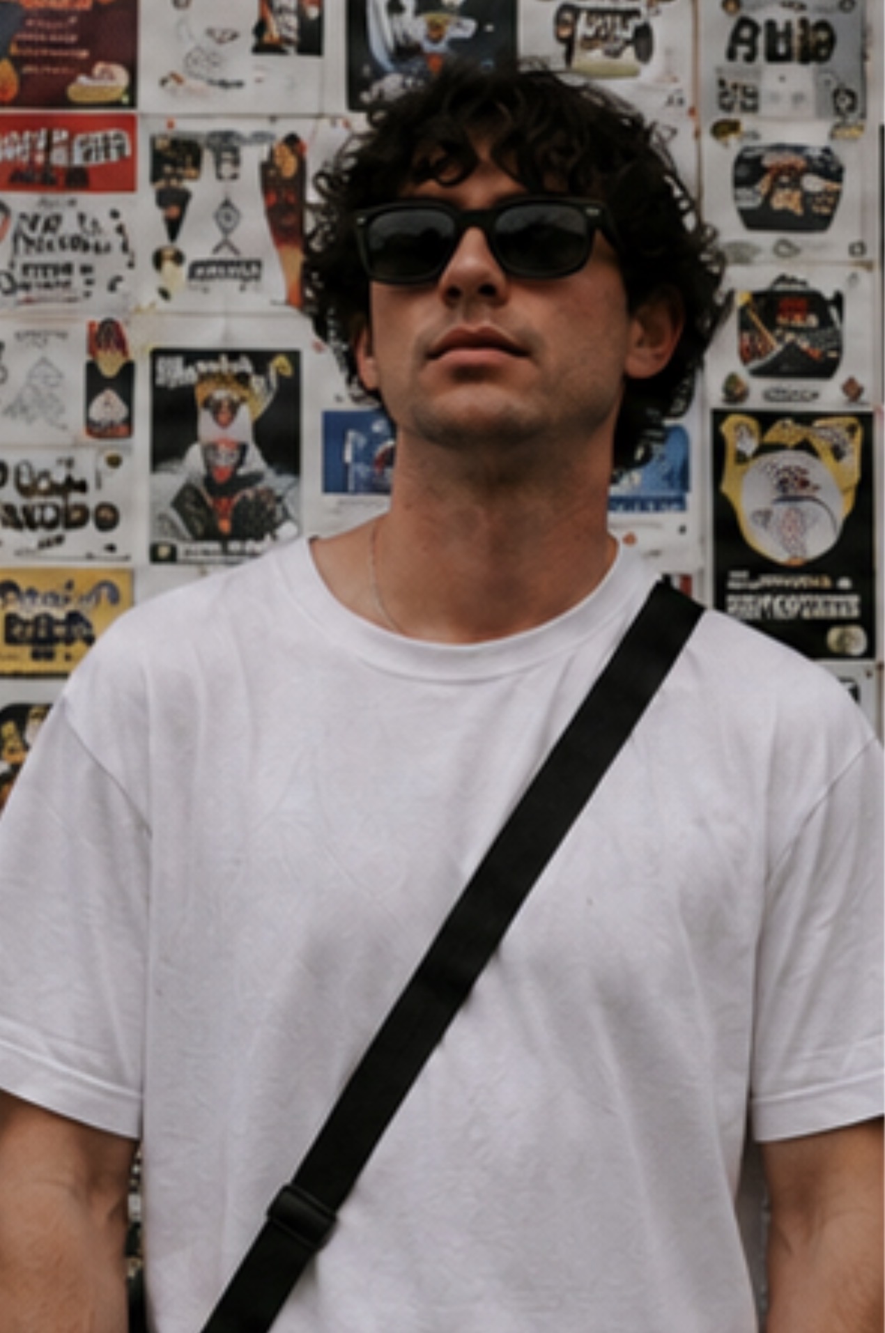 Marram — portrait in sunglasses and white tee against a wall of club posters